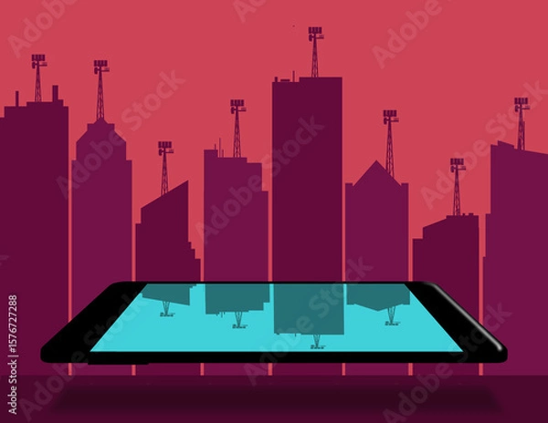 Obraz Cellular phone antennas abound on the top of urban buildings in a 3-d illustration about cellular service in cities.