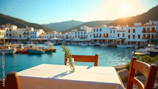 Obraz A warm and inviting restaurant table setting, adorned with a crisp white tablecloth and adorned with a delicate glass vase holding a few sprigs of fresh rosemary