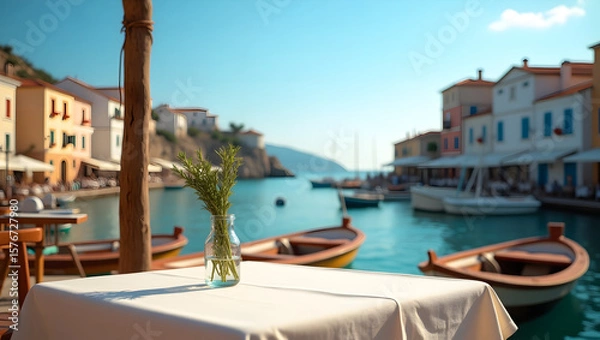 Obraz A warm and inviting restaurant table setting, adorned with a crisp white tablecloth and adorned with a delicate glass vase holding a few sprigs of fresh rosemary