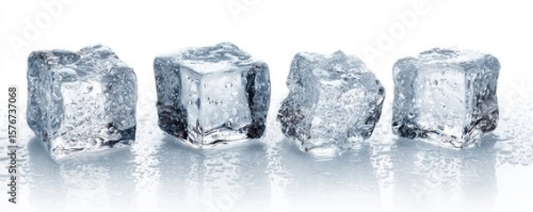 Fototapeta Four glistening ice cubes, wet and reflecting, sit on a white surface