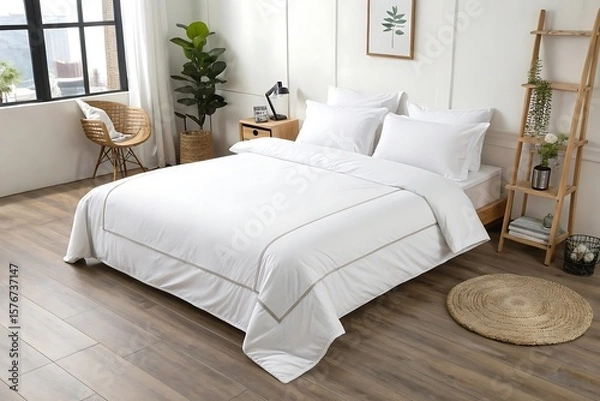 Fototapeta Minimalist White Bedroom with Beige Accents and Natural Light Streaming Through Large Window