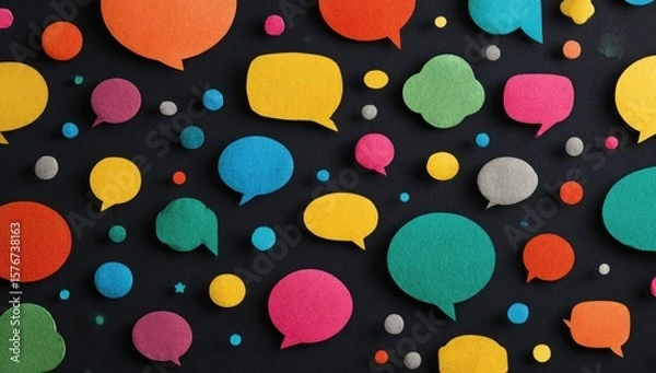 Fototapeta A dark background is scattered with colorful speech bubbles of varying sizes and shapes, suggesting communication or conversation