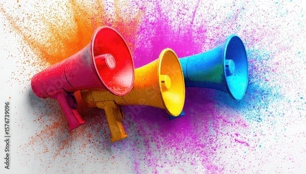 Fototapeta Three vibrant megaphones, red, yellow, and blue, are positioned against a white backdrop splashed with a vibrant explosion of multicolored powder