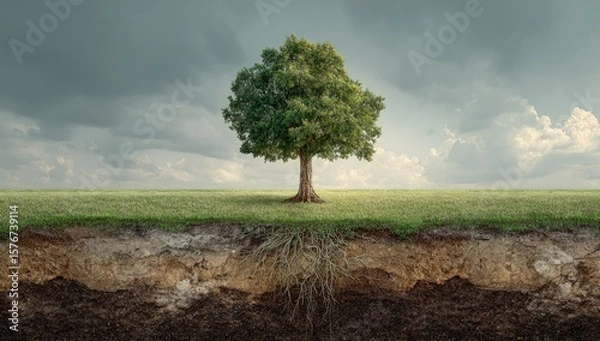 Fototapeta A solitary tree stands in a grassy field under a dramatic sky, its roots visible below ground, revealing layered soil