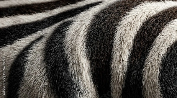 Fototapeta Close-up of a plush fabric with a zebra-like striped pattern, showing texture and the variation in shades of brown, black, and white
