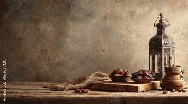 Fototapeta Rustic still life featuring dates in bowls, a wooden cutting board, a textured fabric, an ornate metal lantern, and a small earthenware pot, 