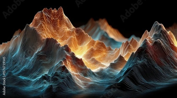Fototapeta An abstract digital rendering of a mountainous landscape at night, illuminated with warm and cool colors, creating a dramatic and surreal atmosphere.  
