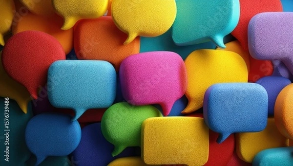 Fototapeta A dense collection of colorful, textured speech bubbles, varying in size and shade, create a vibrant, abstract background