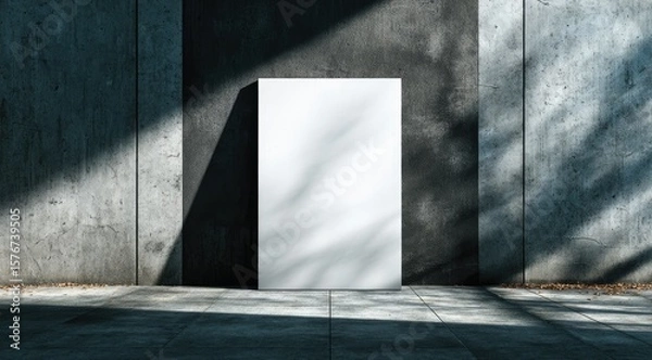 Fototapeta A blank white canvas stands upright against a textured concrete wall, partially in shadow and sunlight