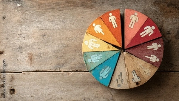Fototapeta A colorful, segmented wooden circle on a wood background, each segment features a painted human figure, representing diversity or a team