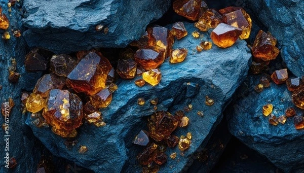 Fototapeta A close-up shot reveals a cluster of amber-hued crystals nestled within dark, rough-textured rocks. 