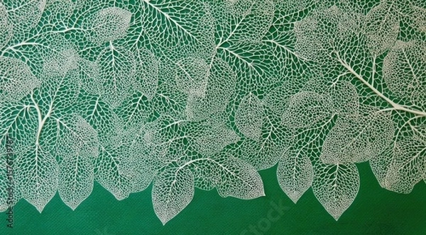 Fototapeta Intricate skeletal leaves arranged on a deep green background, creating a textured and visually appealing pattern