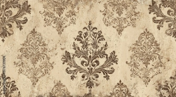 Fototapeta Beige background with a repeating dark brown damask pattern, showing a distressed or aged texture