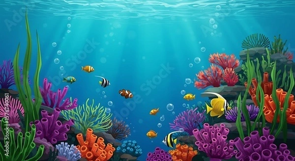 Obraz Vibrant Underwater World Illustration of Fish, Coral Reefs, and Marine Life in a Tranquil Ocean Scene