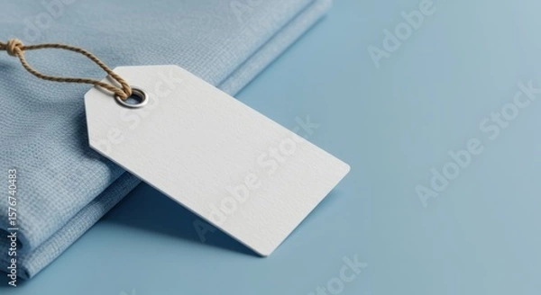 Fototapeta Blank white tag attached to folded blue fabric with twine
