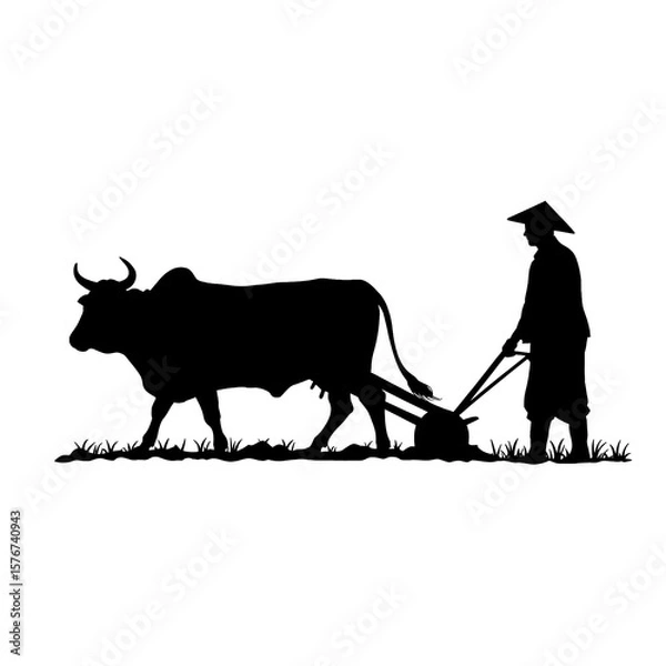 Fototapeta Black silhouette showing a farmer working with an oxen plow