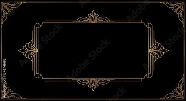 Obraz Elegant Art Deco Frame for Invitations and Creative Designs, Gold on Black Backdrop, with Vintage Border Ornament