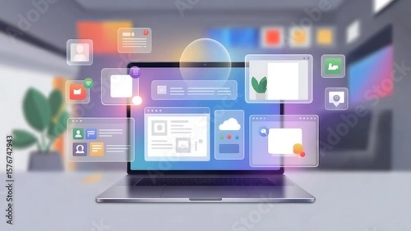 Fototapeta Futuristic laptop interface with floating holographic windows technology