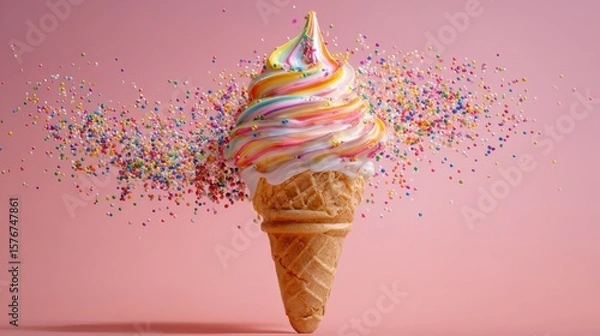 Fototapeta Rainbow swirl ice cream cone with sprinkles, fun and colorful, isolated on soft pink background
