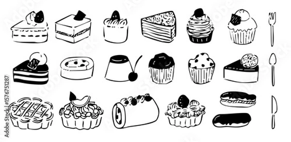 Obraz ケーキやアイスなどのスイーツを描いた手描き風線画イラストセット（お菓子 デザート ベクター）