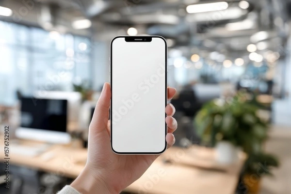 Fototapeta Hand Holding Smartphone with Blank Screen Mockup in the Office