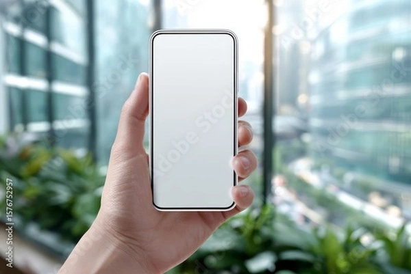 Fototapeta Hand Holding Smartphone with Blank Screen Mockup in the Office
