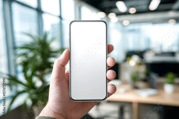 Fototapeta Hand Holding Smartphone with Blank Screen Mockup in the Office