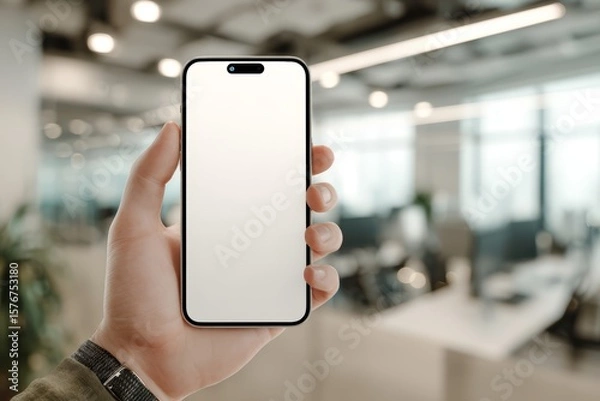 Fototapeta Hand Holding Smartphone with Blank Screen Mockup in the Office