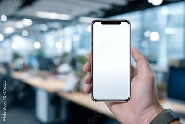 Fototapeta Hand Holding Smartphone with Blank Screen Mockup in the Office