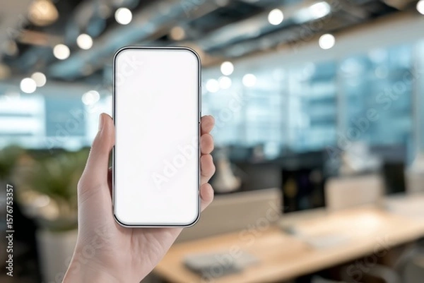 Fototapeta Hand Holding Smartphone with Blank Screen Mockup in the Office