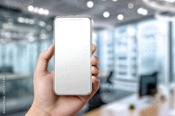 Fototapeta Hand Holding Smartphone with Blank Screen Mockup in the Office