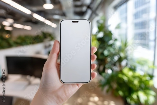 Fototapeta Hand Holding Smartphone with Blank Screen Mockup in the Office
