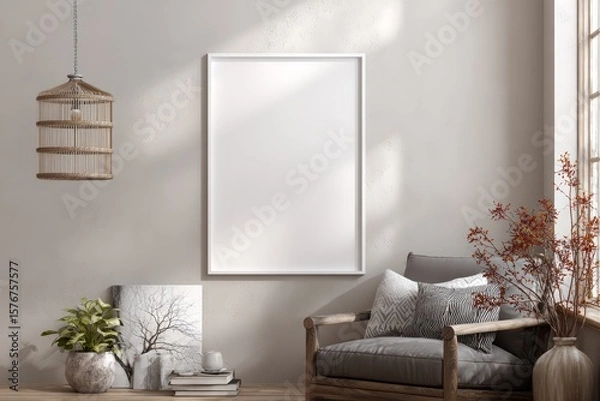 Fototapeta Empty Wall Frame Mockup in Cozy Living Room