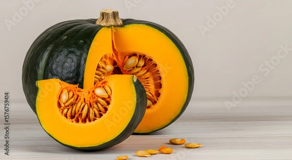 Fototapeta Sliced Kabocha Pumpkin with Seeds on Wooden Surface