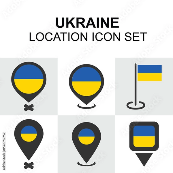 Fototapeta Modern icon set with Ukrainian flags in multiple pin styles ideal for travel guides, maps, and navigation tools.