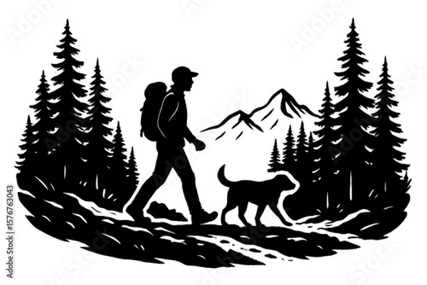 Fototapeta This inspiring silhouette shows a hiker with a dog trekking through a forest with mountains. Perfect for hiking, nature, adventure, and pet themes. Ideal for outdoor lifestyle, wilderness, and travel 