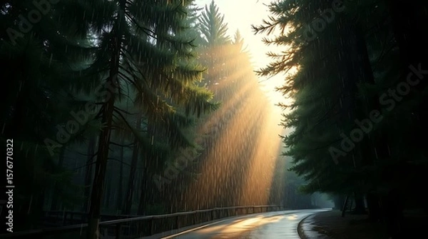Fototapeta Sundrenched rain in forest creates ethereal glow