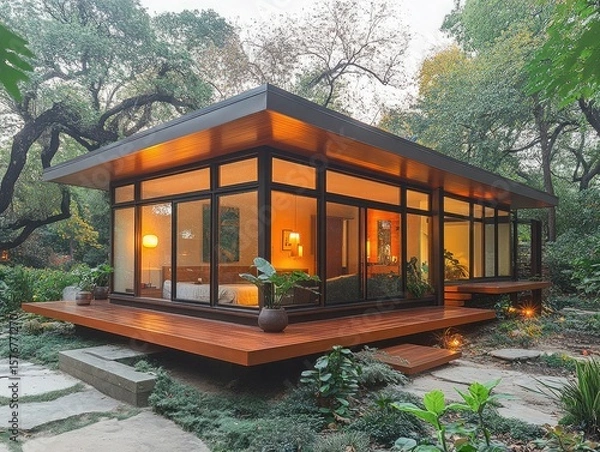 Obraz Glass walled modern cabin with a wood deck is surrounded by lush greenery. Use for architectural design, eco-friendly living, or vacation rentals ideas.