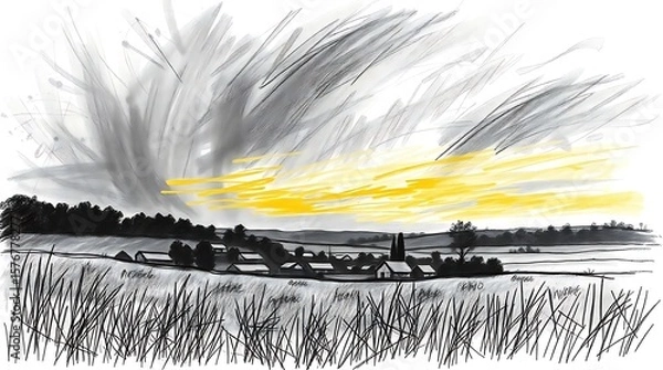 Fototapeta Tempestuous sky over village fields edge