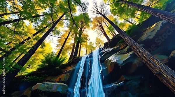 Fototapeta Towering trees and waterfall cascade