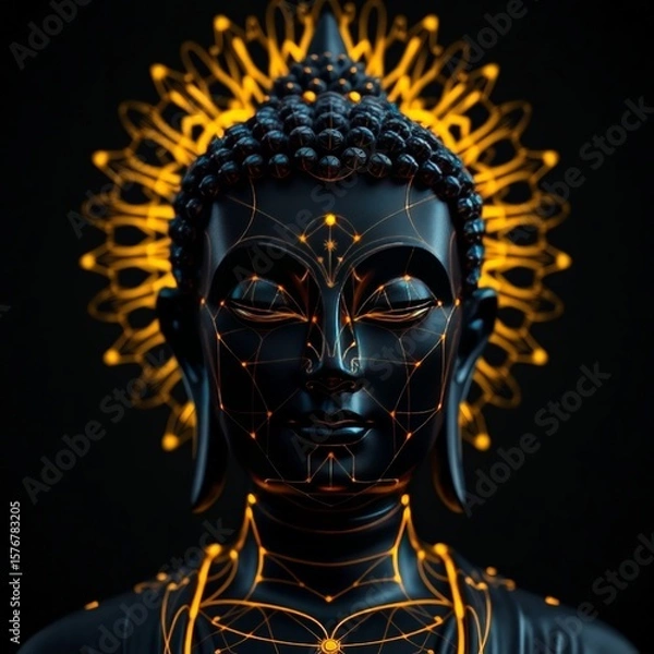Fototapeta Mystical Golden Buddha with Glowing Sacred Geometry Pattern..