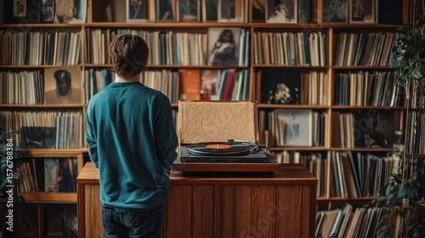 Fototapeta Man Listening to Vinyl Records in a Library