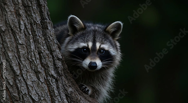 Fototapeta Raccoon Peeking Behind Tree at Twilight