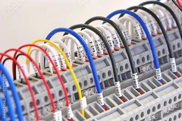 Fototapeta Connecting the electrical module using copper electrical insulated wires. 