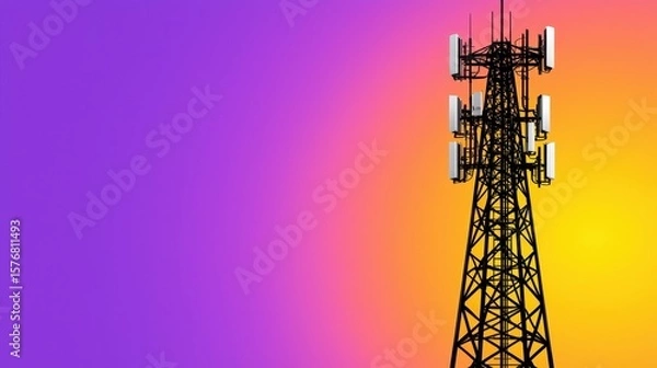 Obraz Metallic Communication Tower Against Vibrant Purple and Orange Gradient