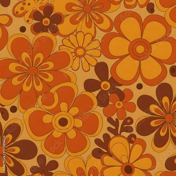 Obraz Groovy 70s retro floral pattern, warm earthy color palette, seamless wallpaper design