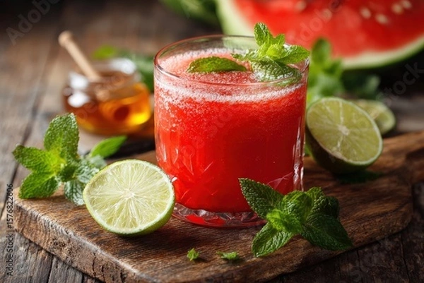 Fototapeta Refreshing glass of vibrant watermelon juice blended with lime, honey, and mint, beautifully arranged on a rustic wooden cutting board
