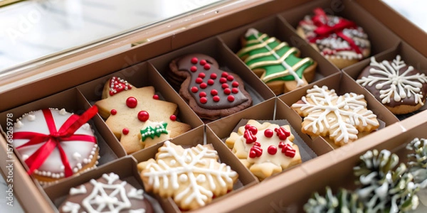 Fototapeta Christmas Cookie Box with Festive Snowflake and Tree Designs

