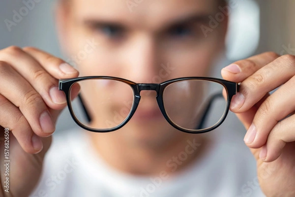 Fototapeta Fingertips adjusting eyeglass frame with concentration, close up of person holding black glasses, selective focus on eyewear, blurred face in background, vision correction concept