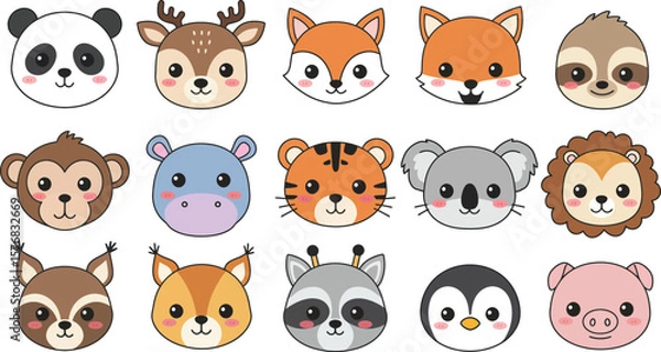 Obraz Set of cute and kawaii 15 animal signs. Flat cartoon vector isolated on white background.